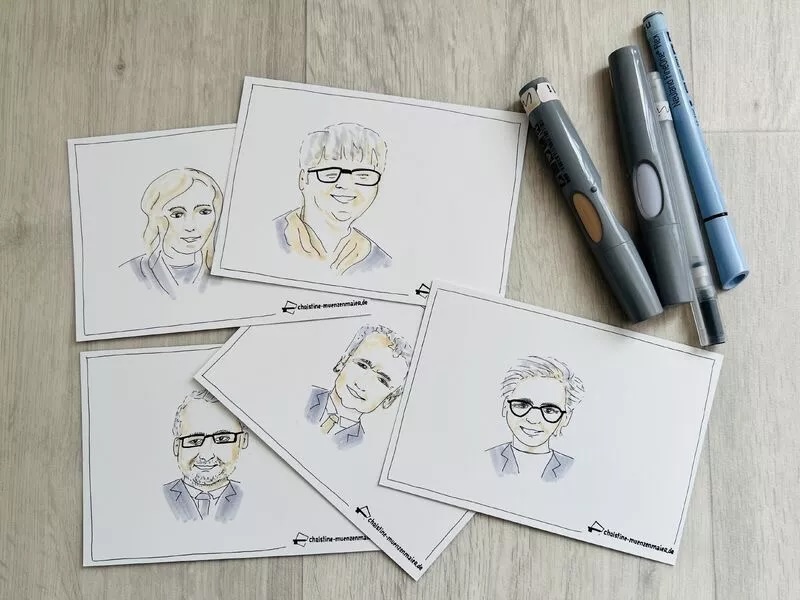 Handgezeichnete Blitz-Porträts – Beispiele von Christine Münzenmaier für Messen und Events